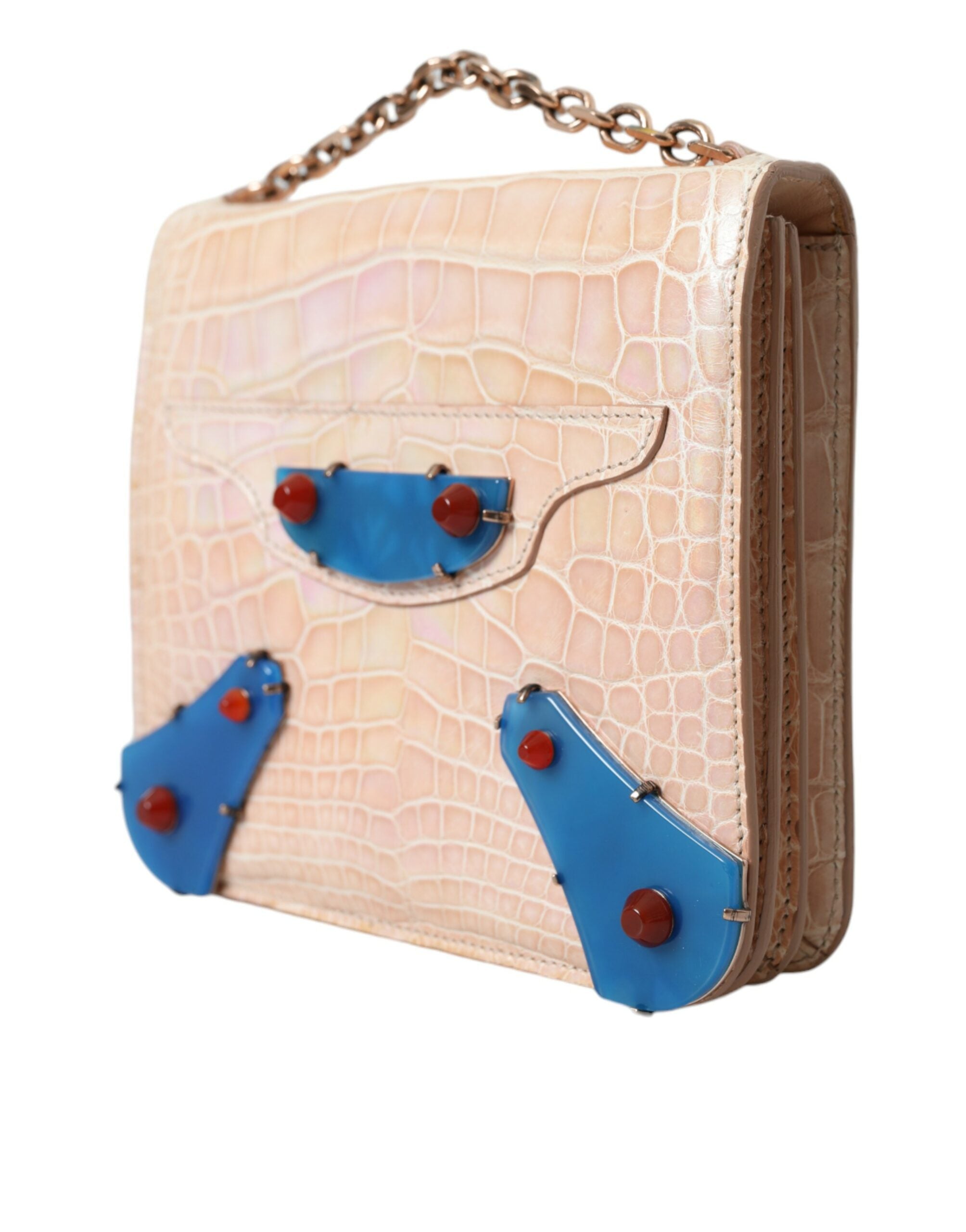 Balenciaga Beige Blue Agate Exotic Leather Gold Chain Wallet Bag